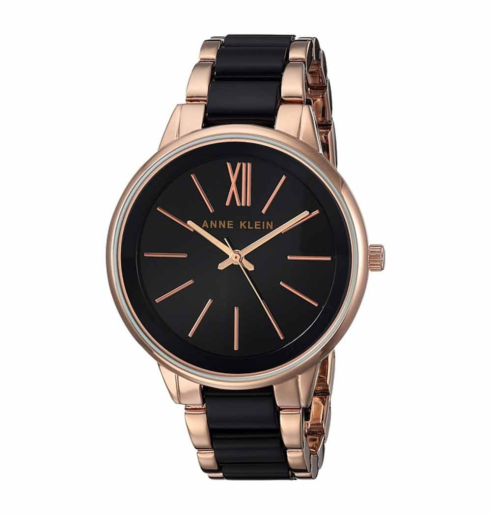 Anne Klein Anne Klein Classic  1412BKRG  1412BKRG кварцевые женские часы черный циферблат, браслет сталь c pvd покрытием + пластик — вид спереди